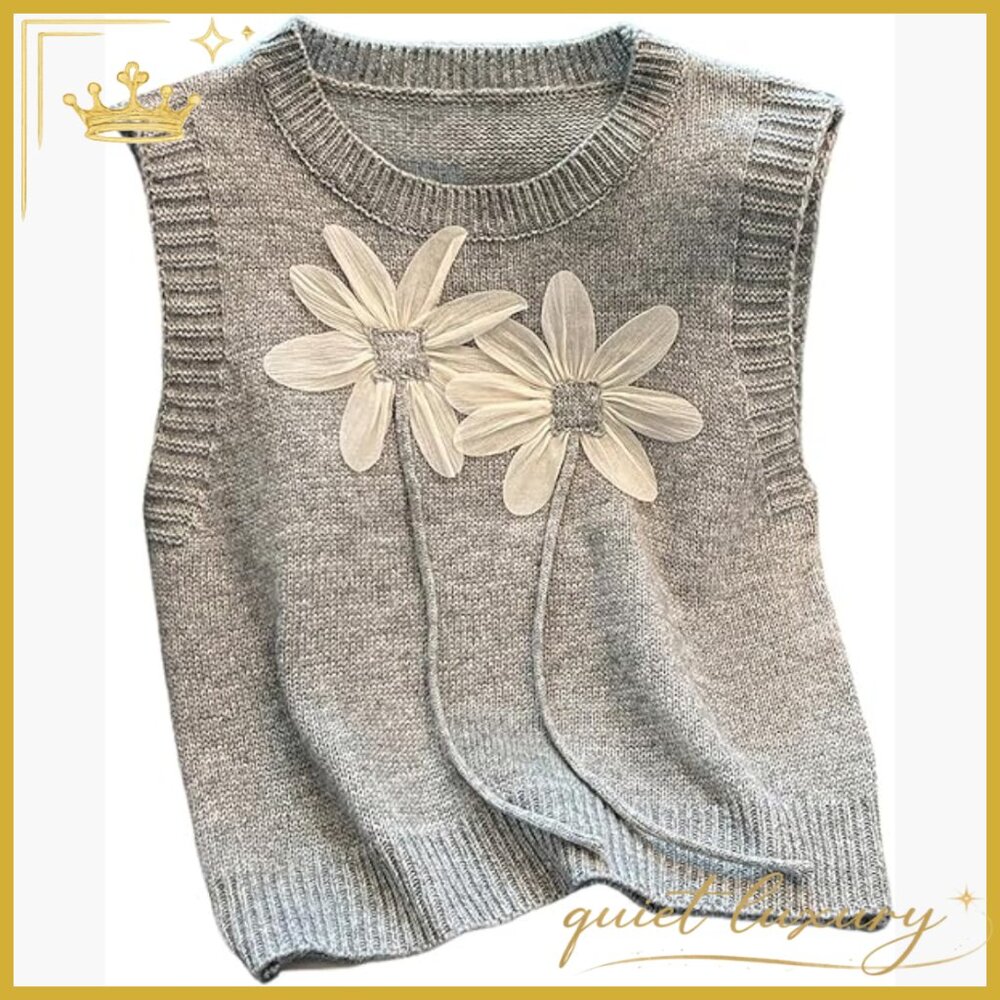 Lightweight 3D Floral Sweater Vest Sleeveless Crew Neck Knit Top